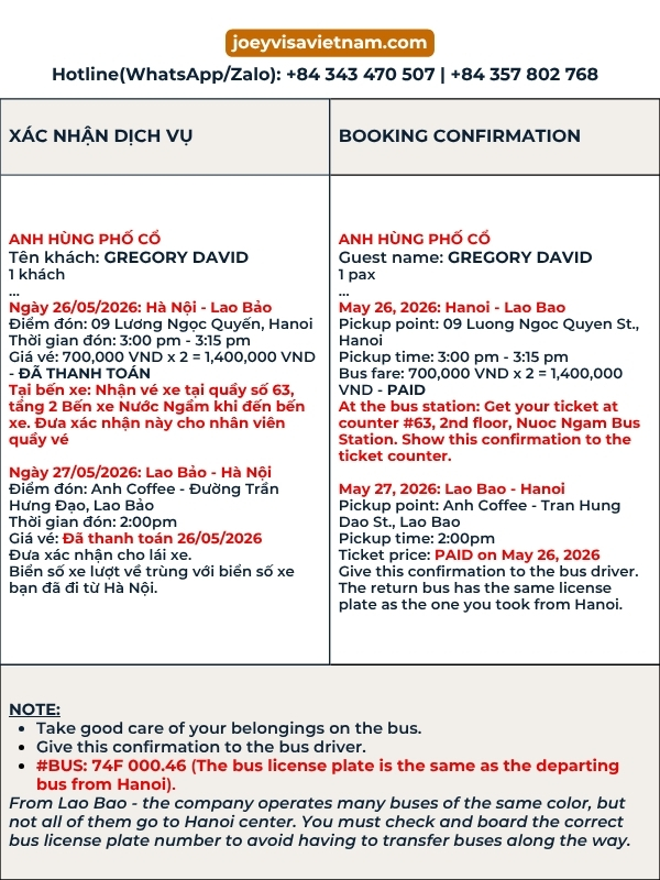 Joey Visa Vietnam Lao Bao visa run booking confirmation voucher