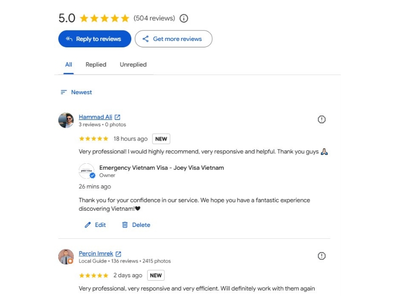 Real customer reviews for Joey Visa Vietnam’s Emergency Vietnam eVisa service on Google