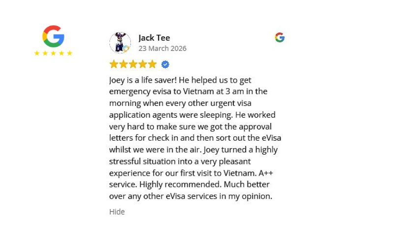 Customer reviews for reputable visa service agent - Joey Visa Vietnam google review.