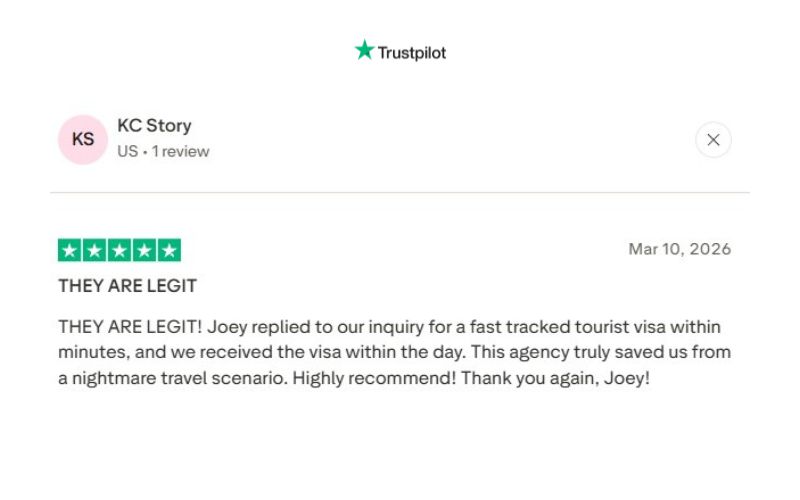 Customer reviews for reputable visa service agent - Joey Visa Vietnam trustpilot review.